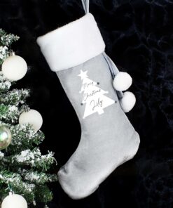 Personalised Christmas Tree Luxury Silver Grey Stocking