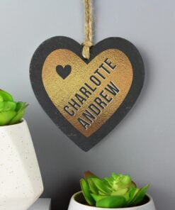 Personalised Couples Gold Printed Slate Heart Decoration