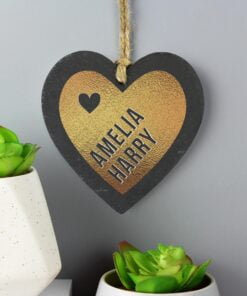 Personalised Couples Gold Printed Slate Heart Decoration