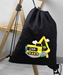 Personalised Digger Black Swim & Kit Bag draw string