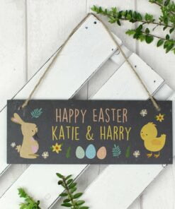 Personalised Easter Bunny & Chick Slate Door Plaque