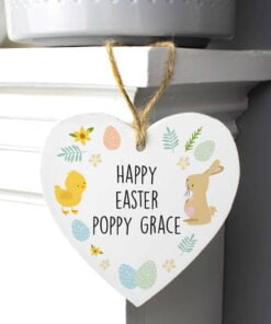 Personalised Easter Bunny & Chick Wooden Heart Decoration