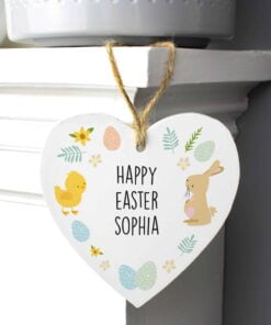Personalised Easter Bunny & Chick Wooden Heart Decoration