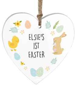 Personalised Easter Bunny & Chick Wooden Heart Decoration