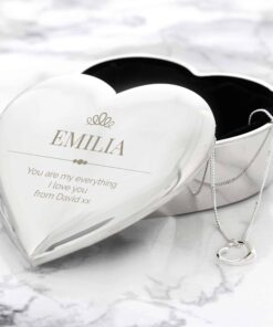 Personalised Elegant Crown Heart Trinket Box & Necklace Set