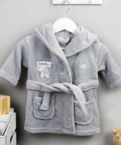 Personalised Elephant 0-6 Months Grey Hooded Baby Dressing Gown