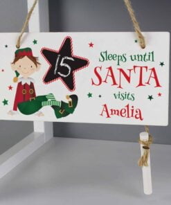 Personalised Elf Christmas Chalk Countdown Wooden Block Sign