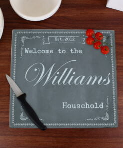 Personalised Family Chalk Glass Chopping Board/Workshop Saver