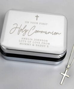Personalised First Holy Communion Box & Cross Necklace Set