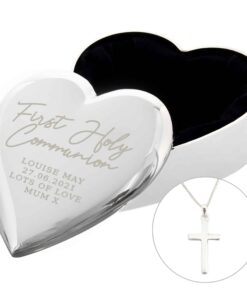 Personalised First Holy Communion Heart Trinket Box & Cross Necklace Set