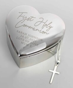 Personalised First Holy Communion Heart Trinket Box & Cross Necklace Set