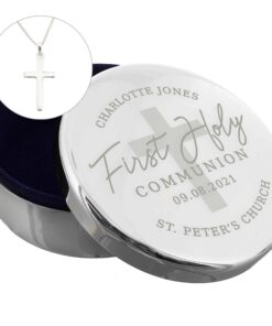 Personalised First Holy Communion Round Trinket Box & Cross Necklace Set