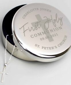 Personalised First Holy Communion Round Trinket Box & Cross Necklace Set