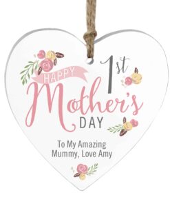 Personalised Floral Bouquet 1st Mothers Day Wooden Heart Decoration