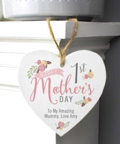 Personalised Floral Bouquet 1st Mothers Day Wooden Heart Decoration