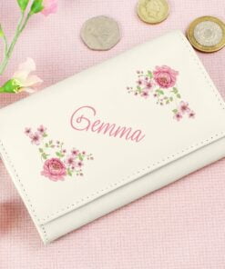 Personalised Floral Cream Leather Purse