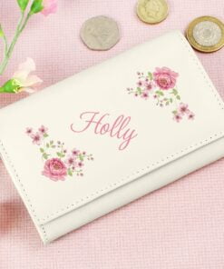 Personalised Floral Cream Leather Purse