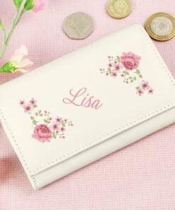 Personalised Floral Cream Leather Purse
