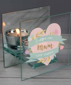 Personalised Floral Heart Mothers Day Mirrored Glass Tea Light Holder