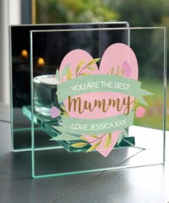 Personalised Floral Heart Mothers Day Mirrored Glass Tea Light Holder