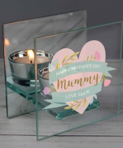 Personalised Floral Heart Mothers Day Mirrored Glass Tea Light Holder