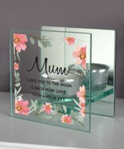 Personalised Floral Sentimental Mirrored Glass Tea Light Candle Holder