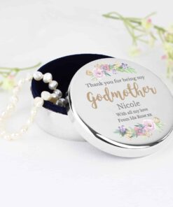 Personalised Godmother ‘Floral Watercolour’ Round Trinket Box