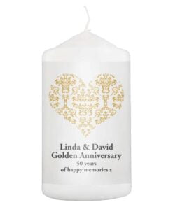 Personalised Gold Damask Heart Pillar Candle