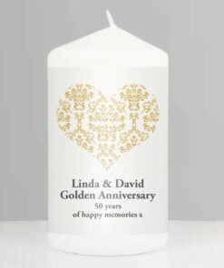 Personalised Gold Damask Heart Pillar Candle