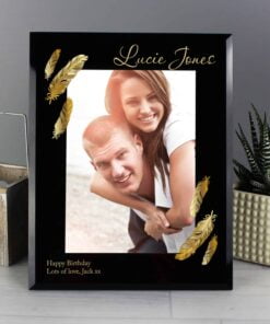 Personalised Golden Feather 5×7 Black Glass Photo Frame
