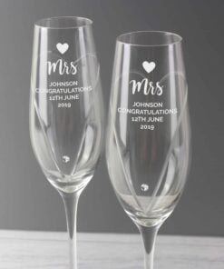 Personalised Hand Cut Heart Celebration Pair of Flutes with Swarovski Elements in Gift Box