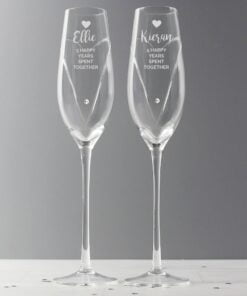 Personalised Hand Cut Heart Celebration Pair of Flutes with Swarovski Elements in Gift Box