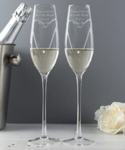 Personalised Hand Cut Heart Pair of Flutes with Swarovski Elements with Gift Box