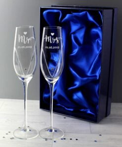 Personalised Hand Cut Mr & Mrs Pair of Flutes with Swarovski Elements in Gift Box