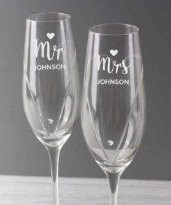 Personalised Hand Cut Mr & Mrs Pair of Flutes with Swarovski Elements in Gift Box