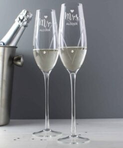 Personalised Hand Cut Mr & Mrs Pair of Flutes with Swarovski Elements in Gift Box