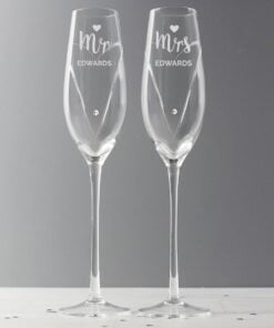 Personalised Hand Cut Mr & Mrs Pair of Flutes with Swarovski Elements in Gift Box