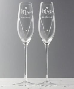 Personalised Hand Cut Mr & Mrs Pair of Flutes with Swarovski Elements in Gift Box