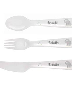 Personalised Hessian Elephant 3 Piece Plastic Cutlery Set