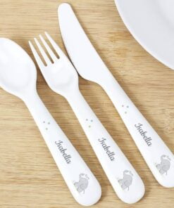 Personalised Hessian Elephant 3 Piece Plastic Cutlery Set