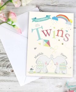 Personalised Hessian Elephant Twins Card