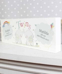 Personalised Hessian Elephant Twins Wooden Block Sign