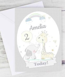 Personalised Hessian Giraffe & Elephant Card