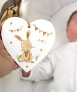 Personalised Hessian Rabbit Wooden Heart Decoration