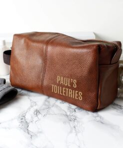 Personalised Luxury Brown leatherette Wash Bag