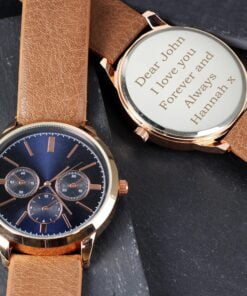 Personalised Mens Rose Gold Tone Watch with Brown Strap and Presentation Box