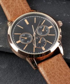 Personalised Mens Rose Gold Tone Watch with Brown Strap and Presentation Box