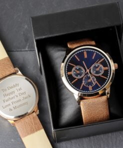 Personalised Mens Rose Gold Tone Watch with Brown Strap and Presentation Box