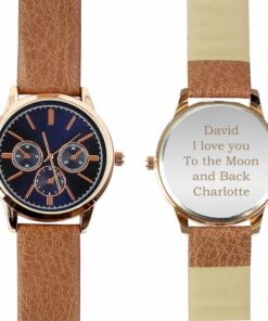Personalised Mens Rose Gold Tone Watch with Brown Strap and Presentation Box