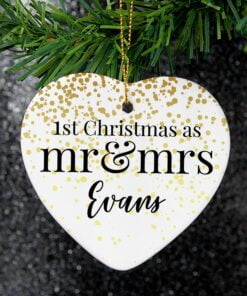 Personalised Mr and Mrs 1st Christmas Ceramic Heart Decoration